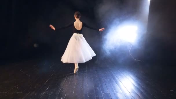 Close-up van de ballerina zwevend boven het werkgebied. Steadicam. HD. — Stockvideo