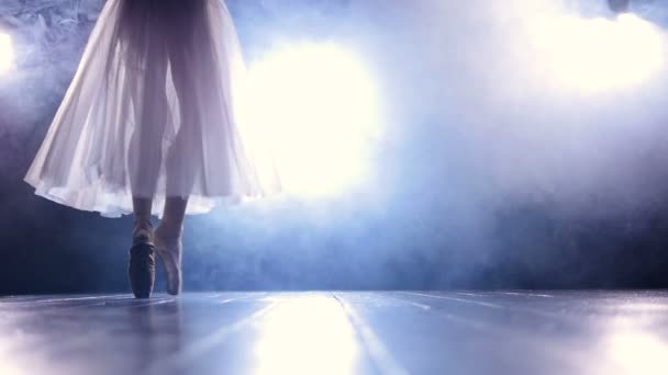 在雾中足尖鞋跳舞的那个姑娘的特写。没有脸。慢动作。高清. — 图库视频影像
