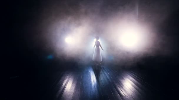 Ballerinas Silhouette bewegt sich im Nebel. Dollly. Zeitlupe. hd. — Stockvideo