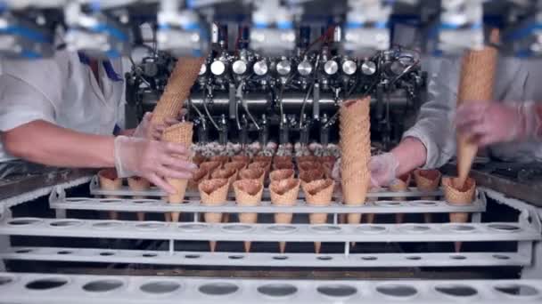 Proces zmrzlinových kornoutů dát do dopravník pracovníkem. Bez tváře. HD. — Stock video