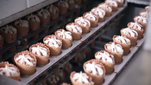 Cônes complets de crème glacée transportés par le convoyeur. Gros plan. HD . — Video