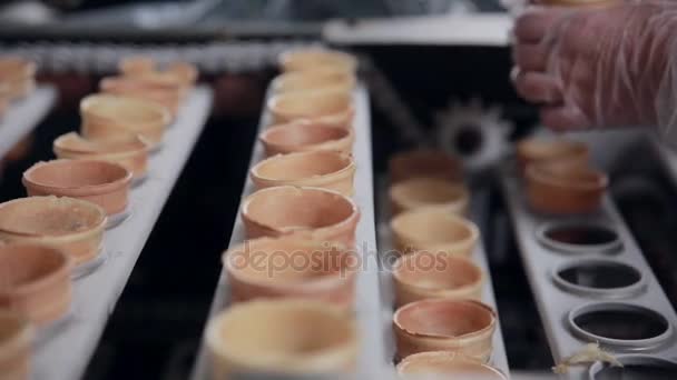 The close-up of the ice-cream cones transported by the conveyor. HD. — Stock Video