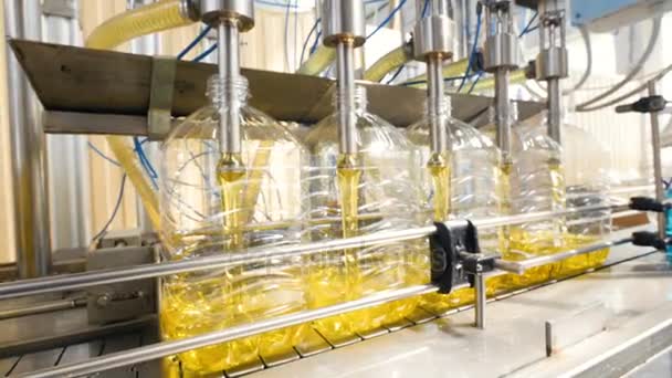 Automatizované výrobní lince tekutého pracího prostředku. Stroje a přístroje na plnění lahví v práci. 4k. — Stock video