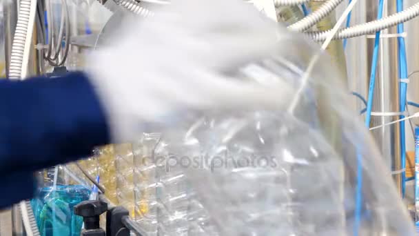 Plastic bottles in production line. Worker put PET bottles on conveyor. 4K. — Stock Video