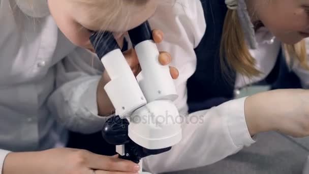 科学実験を行う顕微鏡で見ている少女。クローズ アップ。4 k. — ストック動画
