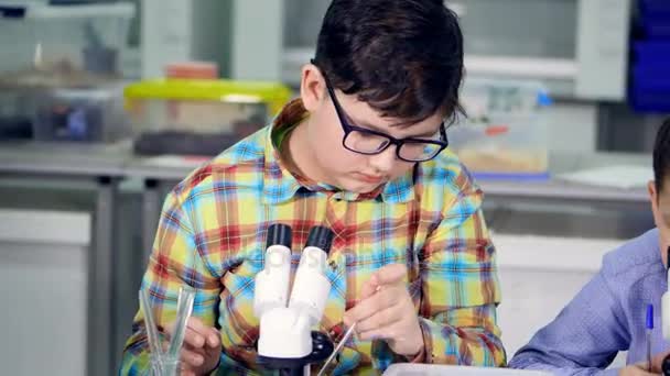 A fiú keresi a Mikroszkóp részlete. 4k. — Stock videók
