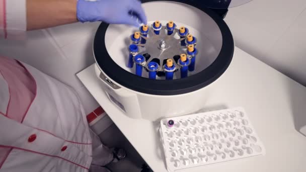 Uma enfermeira profissional tira os véus limpos de uma máquina de teste de amostras. 4K . — Vídeo de Stock