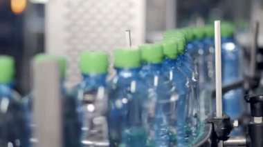 Şişe su ve onların büyük harfler ile taşıma konveyör.