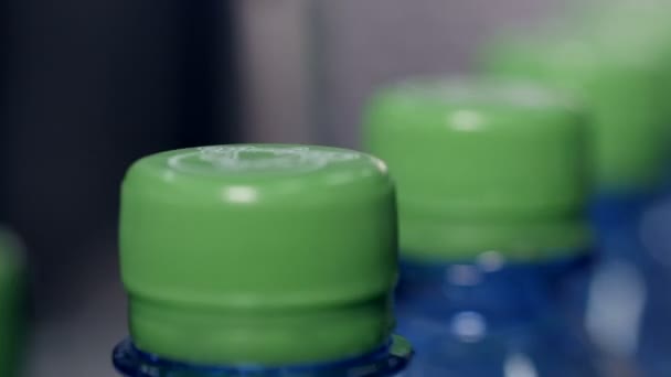 Green caps on plastic bottles close up. — Stock Video