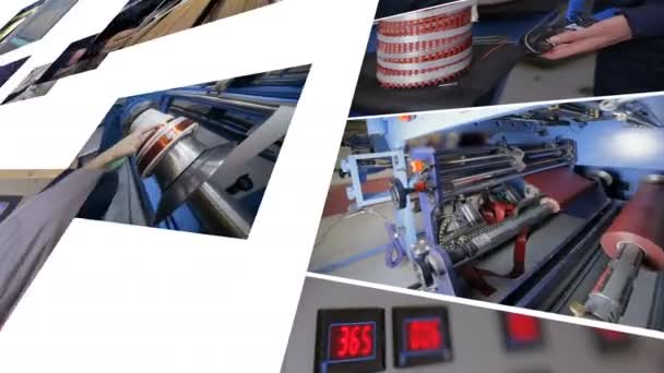 Produção industrial de transformadores de potência de alta tensão. Colagem de tela dividida. 4K . — Vídeo de Stock