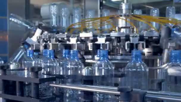 Continuous work of automatic bottle washer. — Stock Video