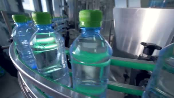 Bottles with drinking water on conveyor. — Stock Video