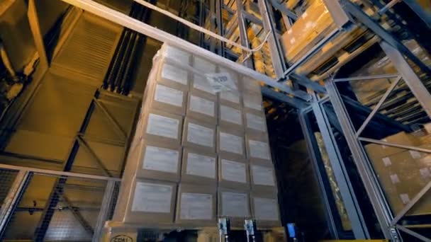 A full pallet moving and turning on a conveyor. — Stock Video