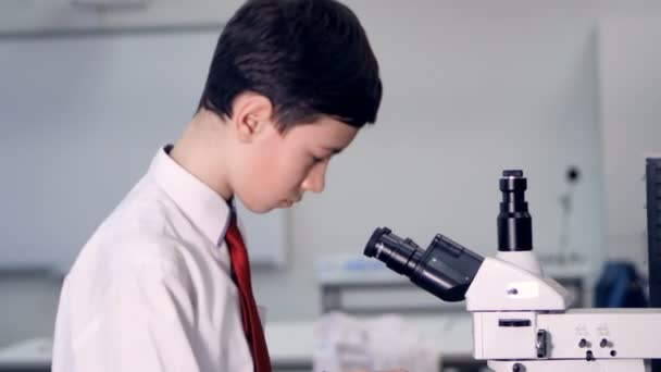 Хлопчик-хімік дивиться в мікроскоп . — стокове відео