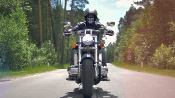 Motorcycle ride on empty road in forest. — Stock Video