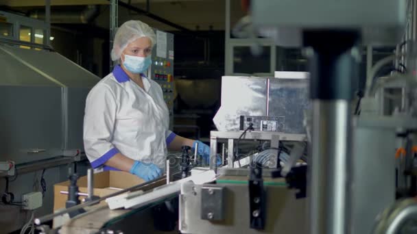 An operator checks and packs cheese containers for delivery. — Stock Video