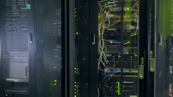 Svart nät skåp med utrustning för data center. — Stockvideo