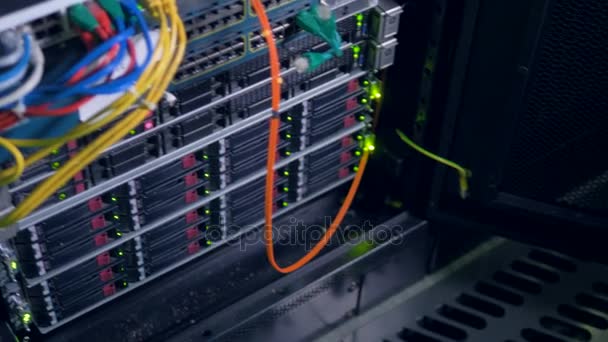 Een open kast in een datacenter met geheugenblokken. — Stockvideo
