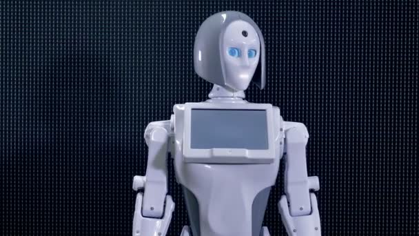 İnsanların dikkatini çekmek için üzerinde sallayarak bir robot. — Stok video