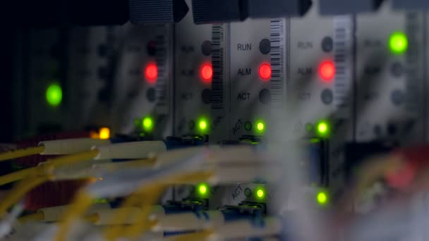 Piscar indicadores vermelhos e verdes no painel traseiro do interruptor de rede. 4K . — Vídeo de Stock