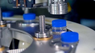 Metal cappers süt fabrikasında çalışan bir makro çekim.