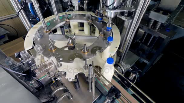 Enchimentos e tampões automáticos trabalham na fábrica de leite . — Vídeo de Stock