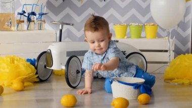 Limon bir sepet içinde küçük bir sarışın çocuk toplar.