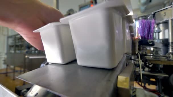 Embalagens de produtos lácteos deixam a correia de produção . — Vídeo de Stock
