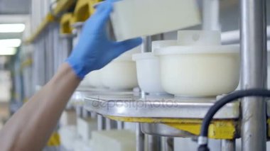 İşçiler kare basınç bloklar üzerinde küçük süt continers yerleştirin..