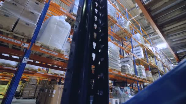 Rack och hyllor i lager. Warehousing koncept. 4k. — Stockvideo