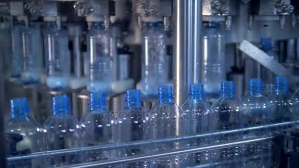 Ряд пластиковые бутылки на заводе производственной линии. 4K . — стоковое видео