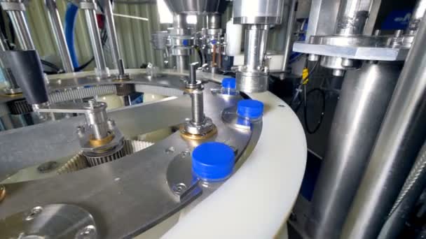 Un tapón automático de botella de leche de trabajo . — Vídeos de Stock