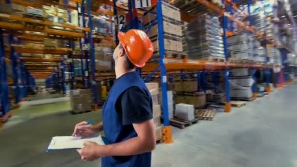 A warehouse inspector looks high up to access storage place. — Stock Video