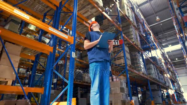 A low view on a warehouse supervisor taking detailed inventory. — Stock Video