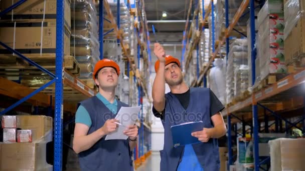 Dos inspectores de almacén hacen inventario juntos . — Vídeo de stock