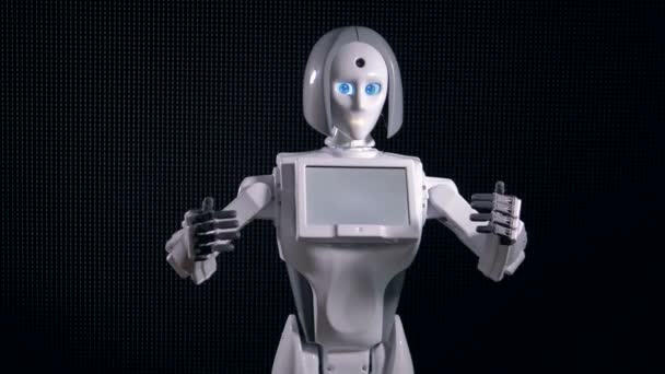 Робот привертає увагу широкими рухами рук. 4-кілометровий . — стокове відео