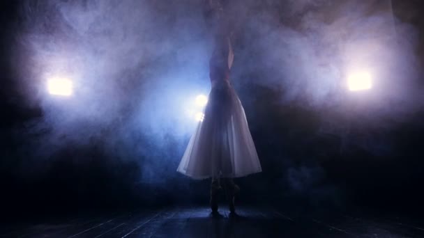 Балерина повільно крутиться в темряві . — стокове відео