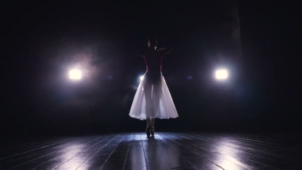 Een eenzame ballerina in een lange golvende rok voert in het donker. 4k. — Stockvideo