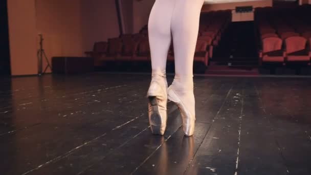 Una bailarina pisa las puntas de sus zapatos . — Vídeos de Stock