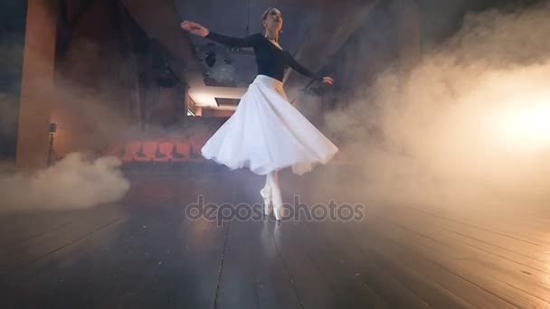 Una bailarina gira con los brazos sostenidos en ángulo recto hacia el cuerpo . — Vídeos de Stock