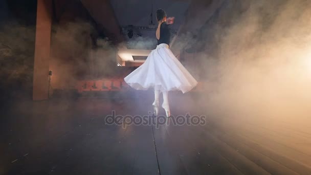 Eine Ballerina tanzt in einem Saal mit leeren Sitzen. — Stockvideo