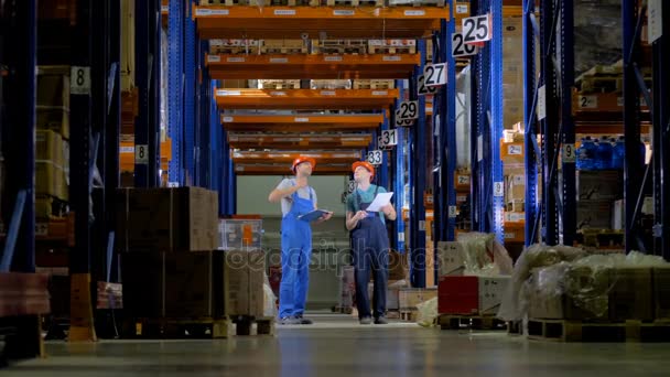 Lagerarbetare i hård hatt arbetar i ett lager mellan Lagerställ. 4k. — Stockvideo
