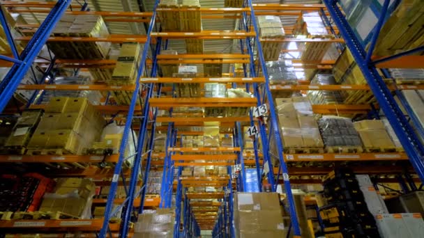Boîtes en carton dans un entrepôt de stockage. 4K . — Video