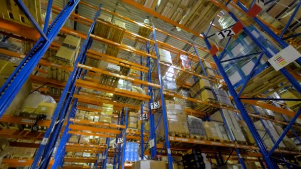 Un magazzino enorme. Scatole di cartone sugli scaffali all'interno di un magazzino. 4K . — Video Stock