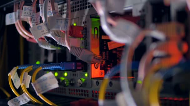 Cables y luces en servidores de centros de datos. Retrospectiva. 4K . — Vídeos de Stock