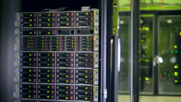 Duża serwerze Stojaki w nowoczesnym centrum danych. Koncepcja technologii internetowych. 4k. — Wideo stockowe