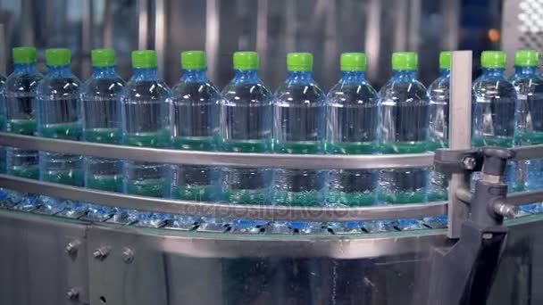 Заполненные, закрытые и чистые бутылки медленно двигаются по изогнутой линии завода. 4K . — стоковое видео