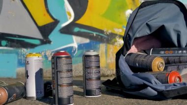 Yakın çekim bitmiş grafiti duvarının yakınında çeşitli sprey boyalar.