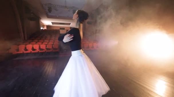 Una bailarina se gira lentamente y cambia de posición de los brazos . — Vídeos de Stock