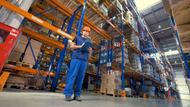 A low view on concentrated warehouse inspector. — Stock Video